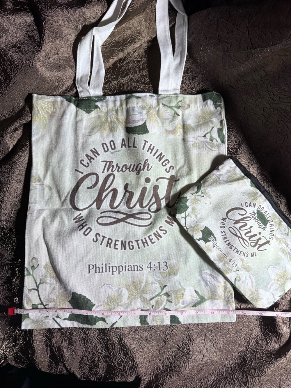 Floral 'Through Christ' Tote Bag - Inspirational Philippians 4:13 Design